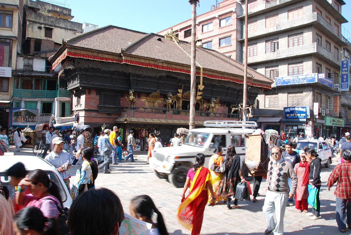 Kathmandu 05 02-2 Indra Chowk Akash Bhairab Temple The Akash Bhairav Temple, or Bhairav of the Sky Temple, is in Indra Chowk in Kathmandu. From the balcony four metal lions rear out over the street.